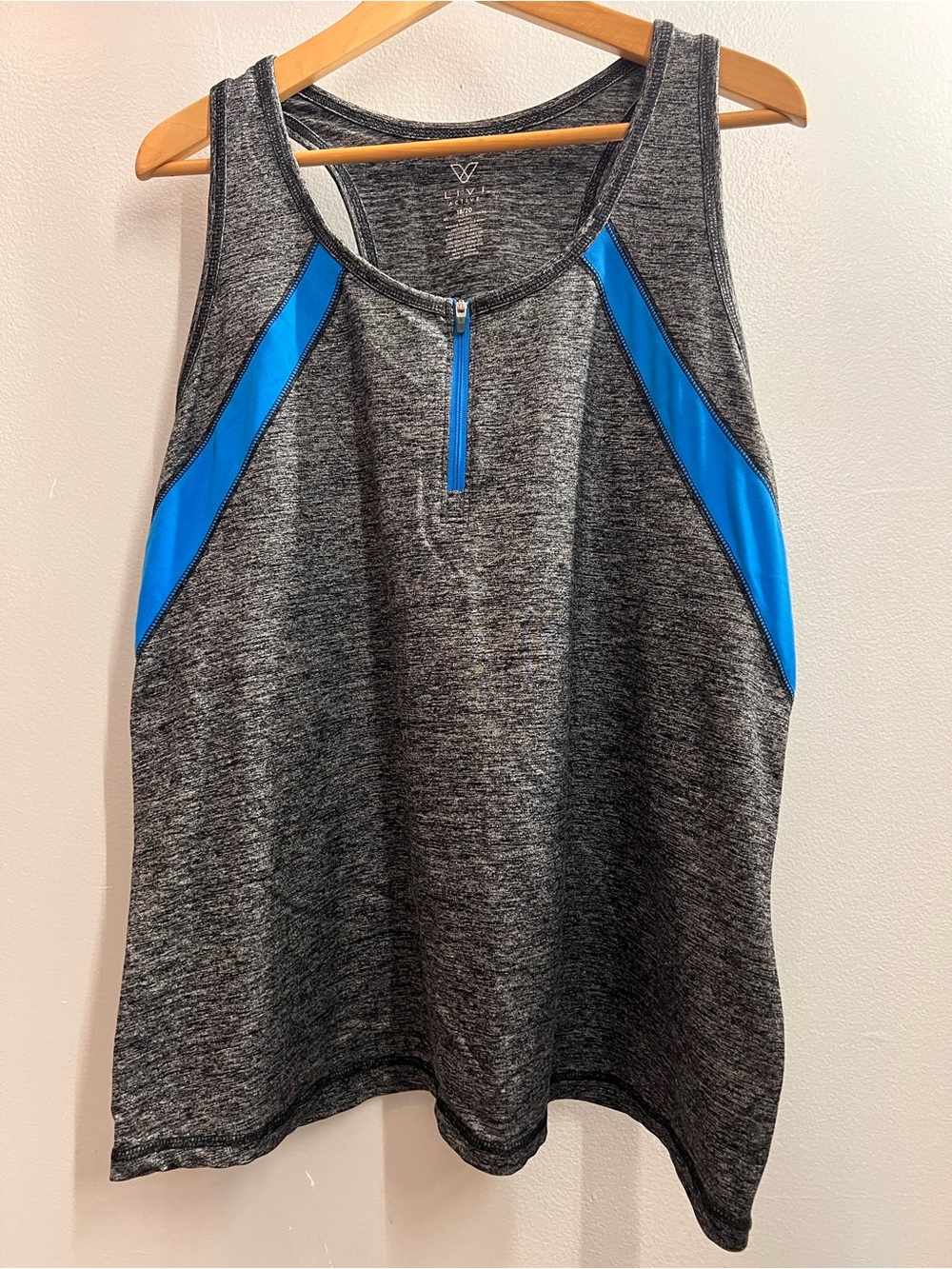Livi Active Heathered Gray Zip Front Tank with Blue Zipper